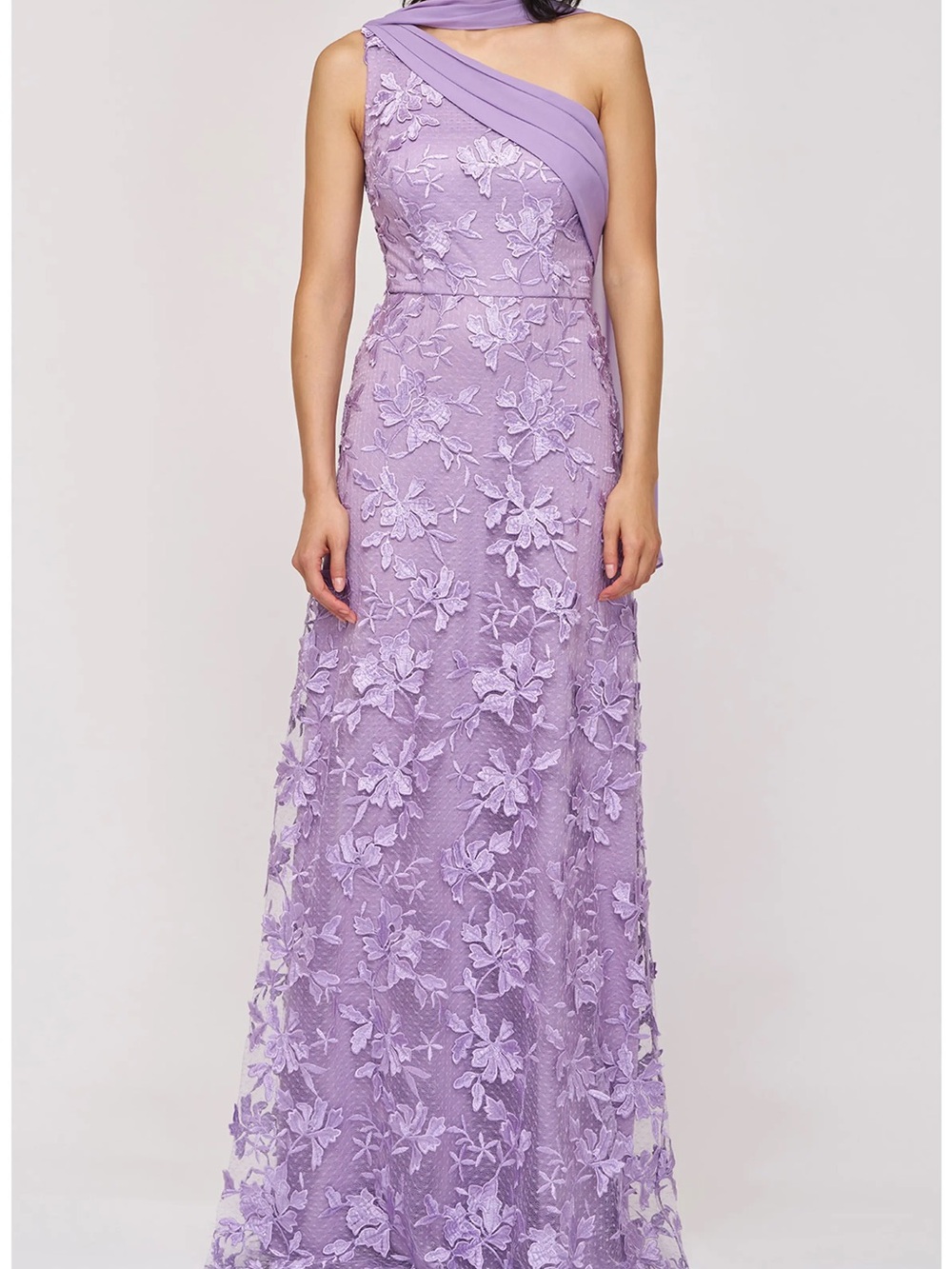 One-Shoulder Lavender Floral Lace Evening Dress